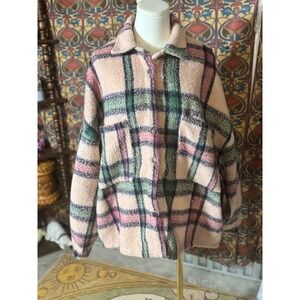 POL‎ Plaid Oversized Shirt Jacket Shacket Pink Green Button Front